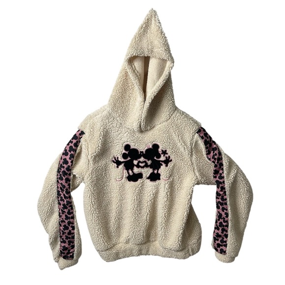Disney Tops - Disney Mickey Minnie Mouse Sherpa Fleece Hoodie Cream Leopard Print Size M